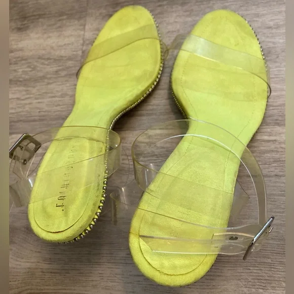Fashion Nova Neon Yellow Green Heels Silver Studs Clear Adjustable Straps 8.5 - Picture 2 of 15